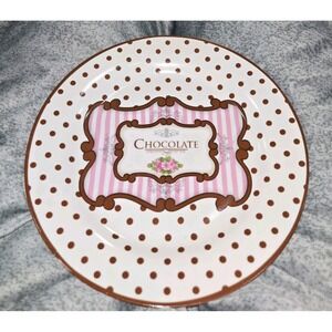 Chocolate Salad Dessert Plate 8" Trisa Polka Dot StonewarePink White Brown CUTE!